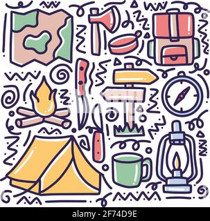 doodle set of camp tools hand drawing Stock Vector