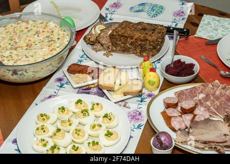 Easter Sunday is celebrated with an Easter breakfast. Easter breakfast includes the foods blessed on Easter Saturday as well as other traditional East Stock Photo