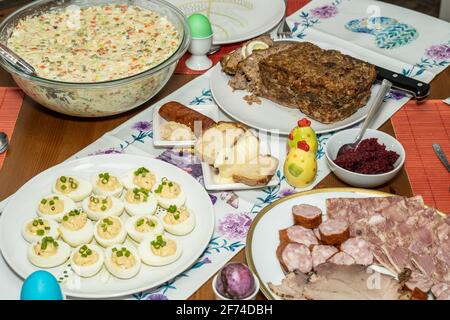 Easter Sunday is celebrated with an Easter breakfast. Easter breakfast includes the foods blessed on Easter Saturday as well as other traditional East Stock Photo