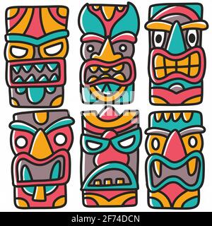hand drawn wooden mask doodle set Stock Vector