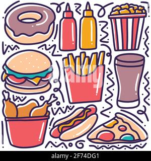 hand drawn doodle various fast food Stock Vector