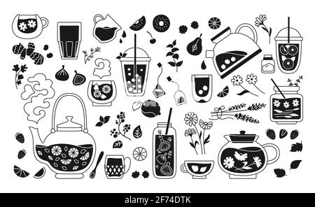 Cup of tea, cocktails black and white glyph set. Tea time mug teapot and herbs, fruits ingredients for drinks. Summer hand drawn flowers, berries jar for poster. Flat design trendy vector illustration Stock Vector