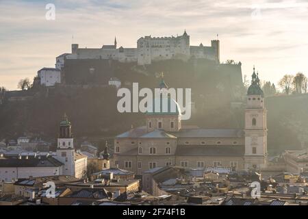 Panoramic aerial view of Salzburg Cathedral and Festung Hohensalzburg, Austria in a beautiful day Stock Photo