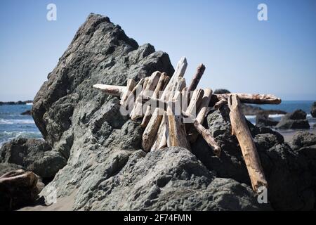 Driftwood logs stacked on a rock. Stock Photo