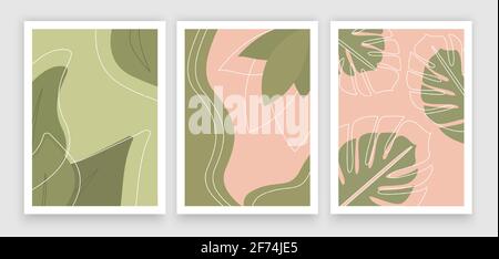 Tropical, trendy, greeting or invitation card, template design with green palm leaves. Banana leaves in realistic style with high details. Set of post Stock Vector