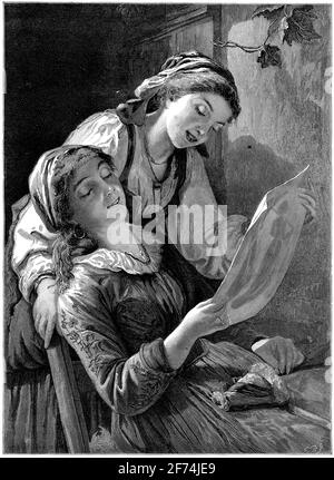 Engraving of two young women checking out the latest fashions in a Victoiran-era magazine Stock Photo