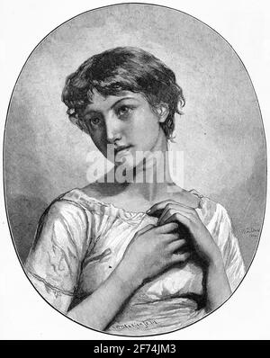 Engraved portrait of a sweet young woman in a thoughtful mood Stock Photo