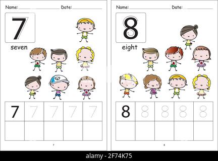 pre school kids cartoon education activity topic  learning writing numbers one to ten Stock Photo