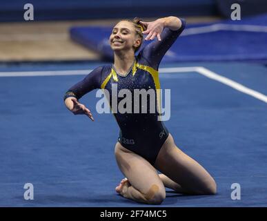 Morgantown, WV, USA. 3rd Apr, 2021. Michigan's Natalie Wojcik performs her floor routine during the Finals of the NCAA Gymnastics Morgantown Regional at the WVU Coliseum in Morgantown, WV. Kyle Okita/CSM/Alamy Live News Stock Photo