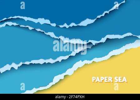 Sea and sand in a paper cut style. Summer waves on the coast origami background. Tropical beach. Top view. Torn paper edges are like a surf. Vector Stock Vector