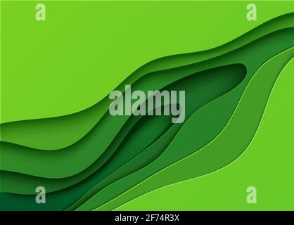 Green banner with abstract diagonal shapes cut out of paper style. Carving wave background with layers and shadow. Vector card illustration for Stock Vector