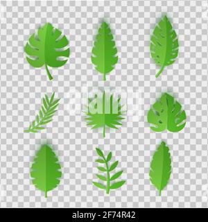Set of summer tropical leaves in paper cut style. Craft jungle plants collection on white background. Vector card illustration in paper cutting art Stock Vector