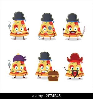 Cartoon character of slice of tomato cheese pizza with various pirates emoticons. Vector illustration Stock Vector