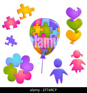World autism day symbols. Concept of mental health disease and developmental disorders. Vector cartoon set of puzzle pieces in shape of heart and balloon, kids silhouettes Stock Vector