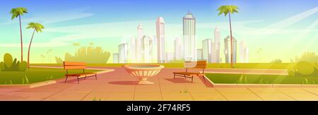 City park with benches and flowerpot, summer scenery cityscape background, empty public place for walking and recreation with green grass, palm trees and lawn. Urban garden Cartoon vector illustration Stock Vector