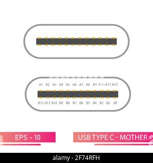 USB type C-front view of the mom connector in a realistic design. On a white background. Flat vector illustration. Stock Vector