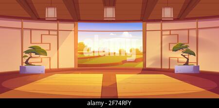 Dojo room, empty japanese style interior for meditation or martial arts workout with wooden floor, bonsai trees and open door with scenic peaceful view on asian rice field, Cartoon vector illustration Stock Vector