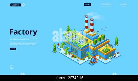Factory banner. Modern industry building, power station or manufactory. Vector landing page with isometric production plant exterior with chimney pipes, warehouse and forklift Stock Vector
