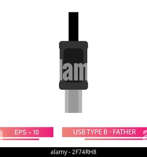 USB type B, plug image. Father. On a white background. Flat vector illustration. Stock Vector