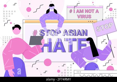 stop asian hate people holding banners against racism support during coronavirus pandemic Stock Vector