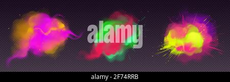 Colorful smoke flow and paint powder explosion. Vector realistic set of color splashes, dust clouds with particles and spray. Flying smoky flow and ink burst isolated on transparent background Stock Vector