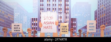 stop asian hate human hands holding banners against racism support during coronavirus pandemic concept Stock Vector