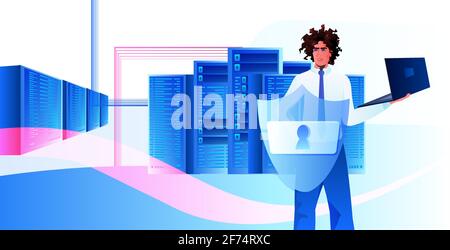 african american man engineer using laptop database server protection big data privacy security concept Stock Vector