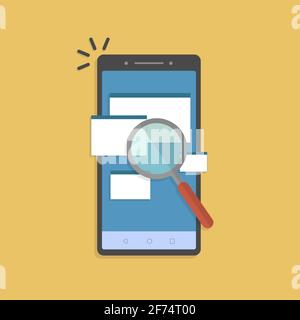 Online analysing check of law legal docs, find or search on cellphone. Scan or inspection of file folder documents on mobile phone. Stock Vector