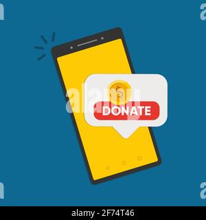 Smartphone with gold coin and button on screen. Donate online concept.  Stock Vector