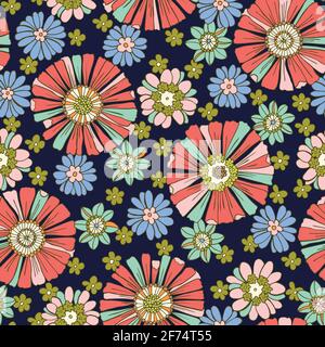 Colorful Large Scale Hand-Drawn Floral Vector Seamless Pattern. 70s Nostalgia Stock Vector