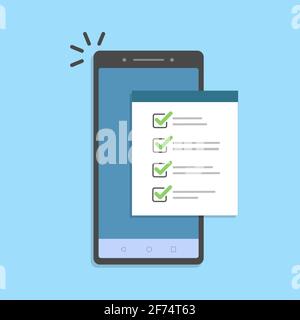 Mobile phone and checklist, vector smartphone with paper document and to do list checkboxes Stock Vector