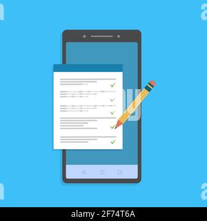 Mobile phone and checklist with pencil, flat cartoon smartphone with paper document and to do list checkboxes Stock Vector