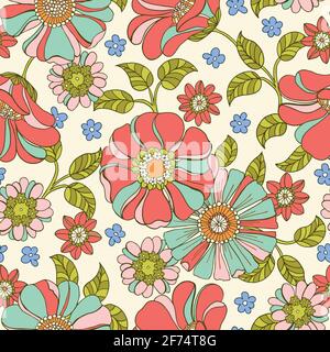 Colorful Large Scale Hand-Drawn Floral Vector Seamless Pattern. 70s Nostalgia Stock Vector