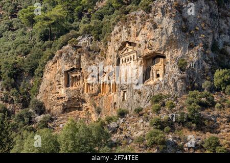 Rock-cut temple tombs of the ancient city Kaunos in Dalyan, Turkey. Stock Photo