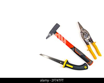 Builder working tool on a white background. Working tool. Construction equipment. Construction and repair. Apartment and house. A set of equipment. Ma Stock Photo