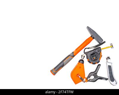 Builder working tool on a white background. Working tool. Construction equipment. Construction and repair. Apartment and house. A set of equipment. Ma Stock Photo
