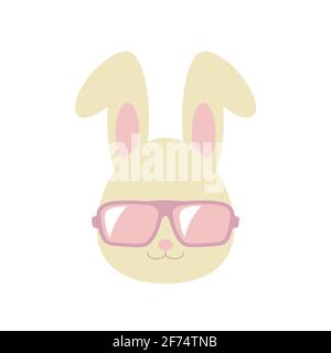 Abstract flat hipster rabbit portrait with pink glasses isolated on white. Graphic rabbit painted in imaginary color. Geek logo. Stock Vector