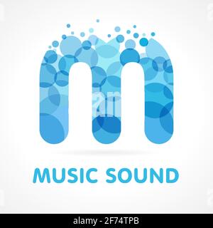 Letter M logotype concept. Isolated abstract emblem. Stained-glass blue, graphic template. Clouds and bubbles with bunch and splash. Soft branding ide Stock Vector