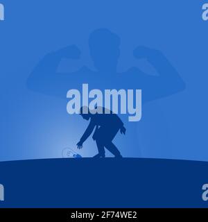 businessman puts the bulb on the ground with strong man on blue gradient shade background illustration vector. Business motivation concept. Stock Vector