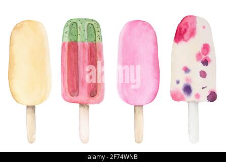 Watercolor drawing ice creams on stick isolated on white background. Summer cold dessert with watermelon. Fruit pink popsicle with berry. Yellow vanil Stock Photo