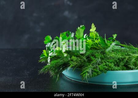 Green culinary herb on black background. Parsley, dill, mint, basil in a blue dish. Stock Photo