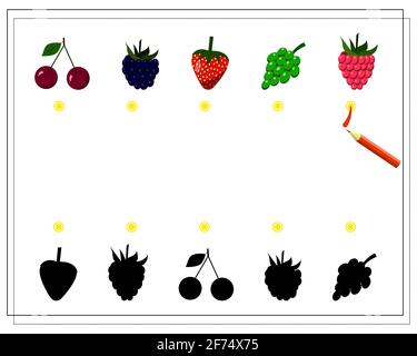 A game for kids, find the right shade for berries. Strawberries, raspberries, blackberries, cherries, grapes. Vector Stock Vector