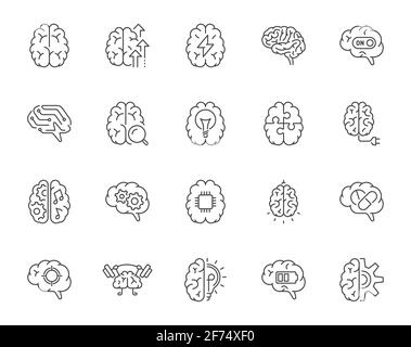 Vector set of minimal outline icons symbolizing various smart brain activities. 256x256px. Editable stroke, easily scalable. Stock Vector