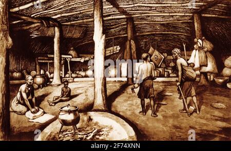 illustration of the inside of a kaffir kraal, from a set of school posters used for social studies, c 1930 Stock Photo