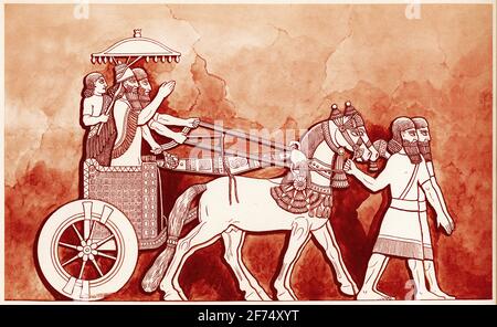 illustration of Tiglath-Pileser III, king of Assyria, in his chariot; from a set of school posters used for social studies, c 1930. Based on a bas-relief on the walls of the palace of Tiglath-Pileser III., discovered at Calah (Nimrud). Stock Photo