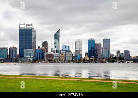 Perth City skyline on the Swan River, photographed from the South Perth foreshore Stock Photo