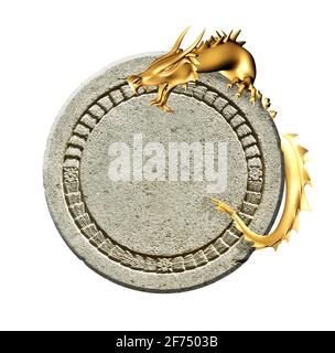 Vintage information board with oriental dragon. Golden dragon and round ancient stone frame with floral ornaments. Object isolated on white background Stock Photo