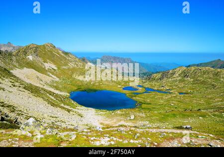 View from the Col de Bastanet on the Lac De La Hourquette lake in Neouvielle national nature reserve, department of Hautes-Pyrenees, France. Stock Photo