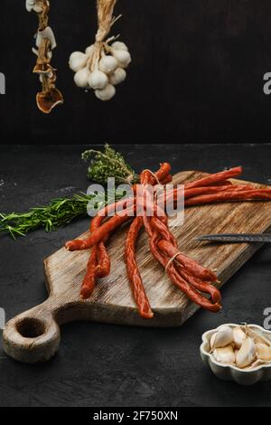 Long thin homemade pork sausages with garlic Stock Photo