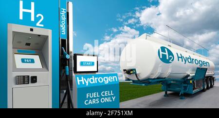 Tank trailer with hydrogen and H2 filling station on the background of a green field and blue sky. Renewable energy Stock Photo